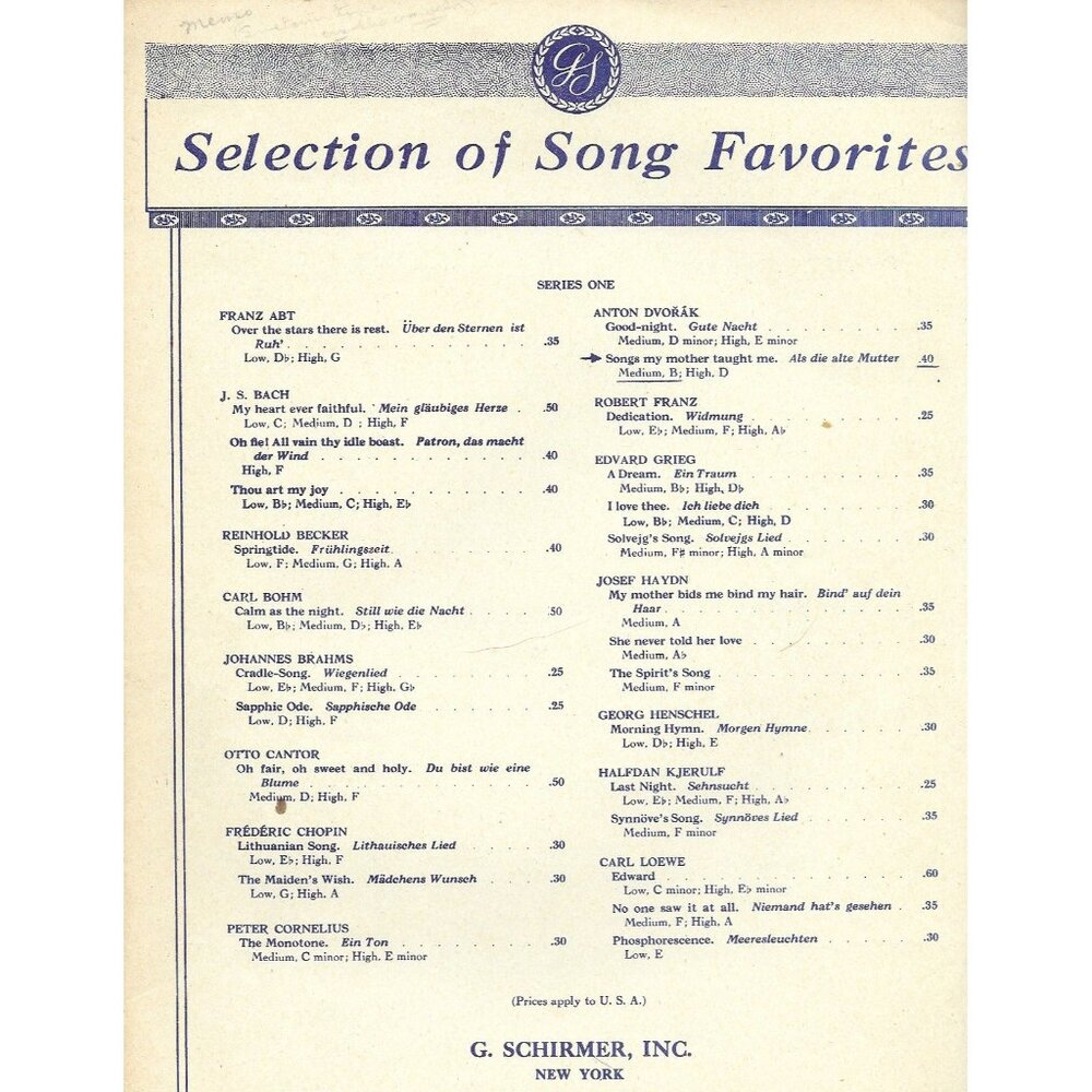Songs My Mother Taught Me – Dvořák – Antique Sheet Music – G Schirmer